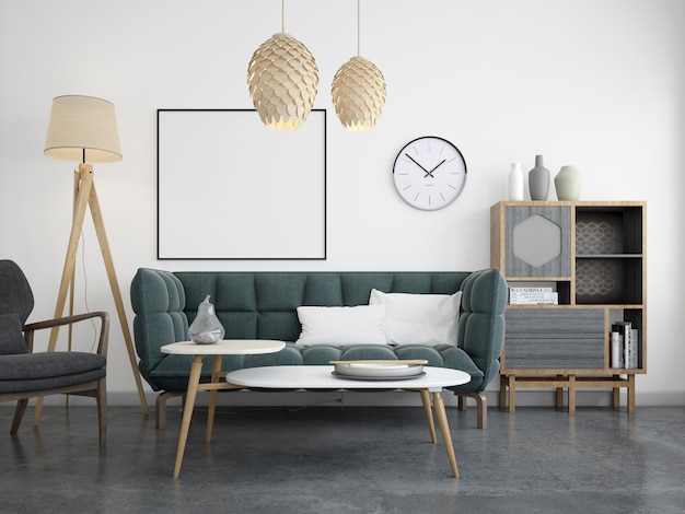 moderna sala de estar con sofá y maqueta de marco