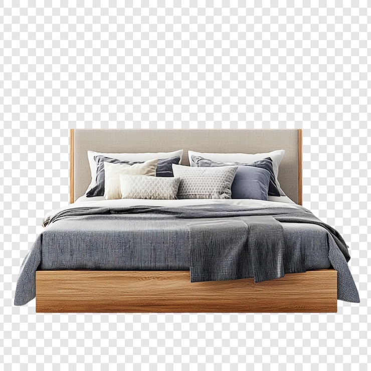 Gratis PSD moderne houten bed met grijs linnen en neutrale kussens
