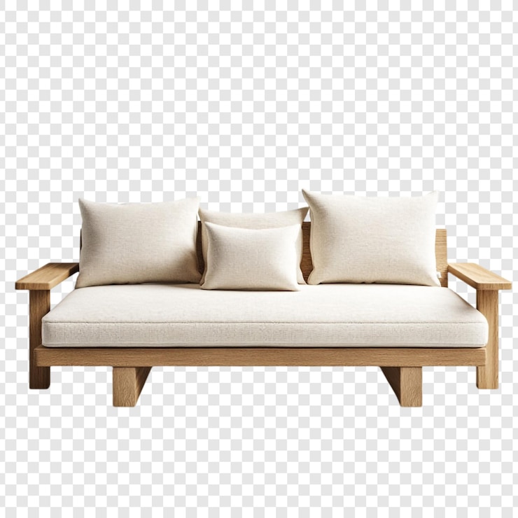 Gratis PSD moderne minimalistische houten bank met beige kussens