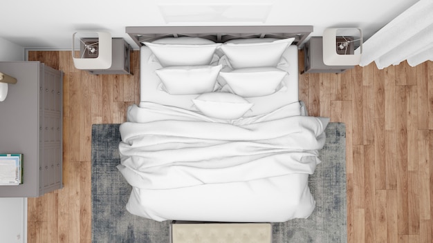 Gratis PSD moderne slaapkamer of hotelkamer met tweepersoonsbed en elegant meubilair, bovenaanzicht