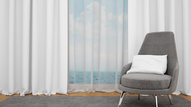 Moderne stoel naast een groot raam met uitzicht op zee