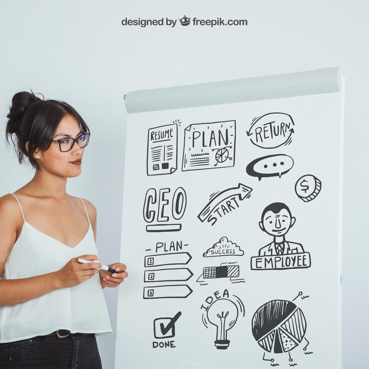 Gratis PSD moderne vrouw met mock up ontwerp van whiteboard