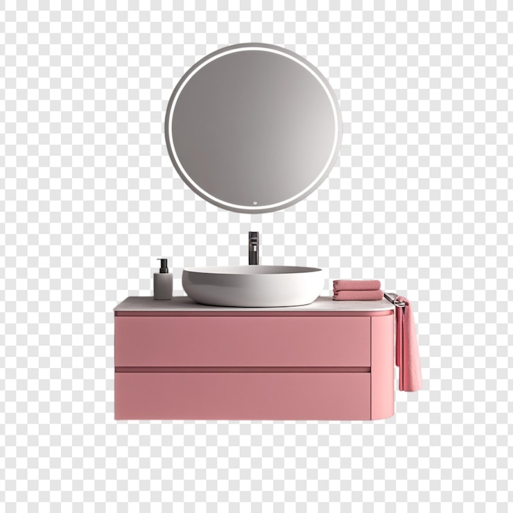 PSD gratuito moderno set di vanità da bagno rosa con specchio rotondo