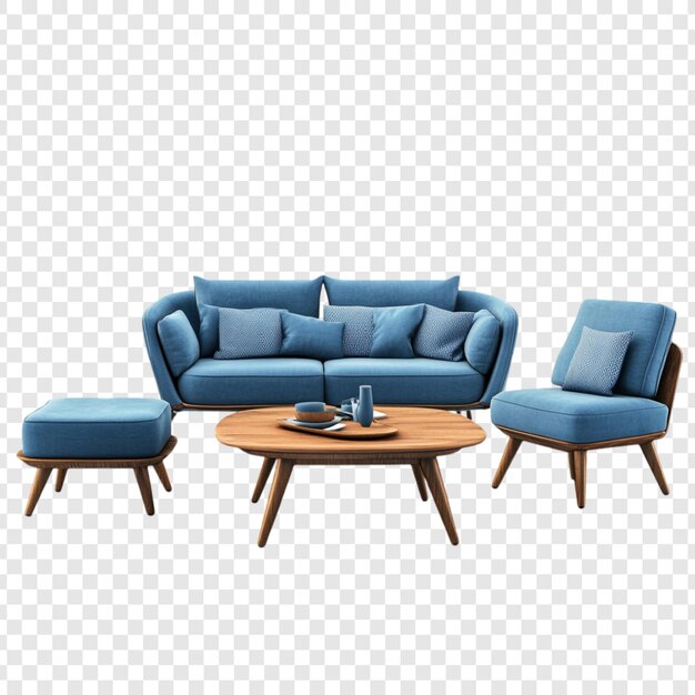 Moderno sofá azul con mesa de café y sillón de madera
