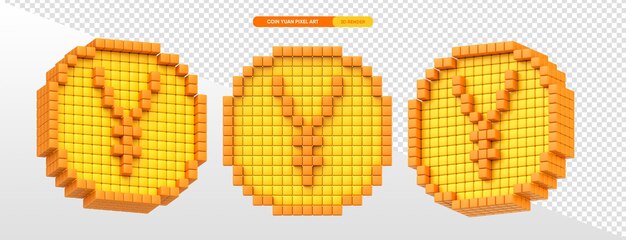 Moneda de yuan en pixel art 3d render con fondo transparente