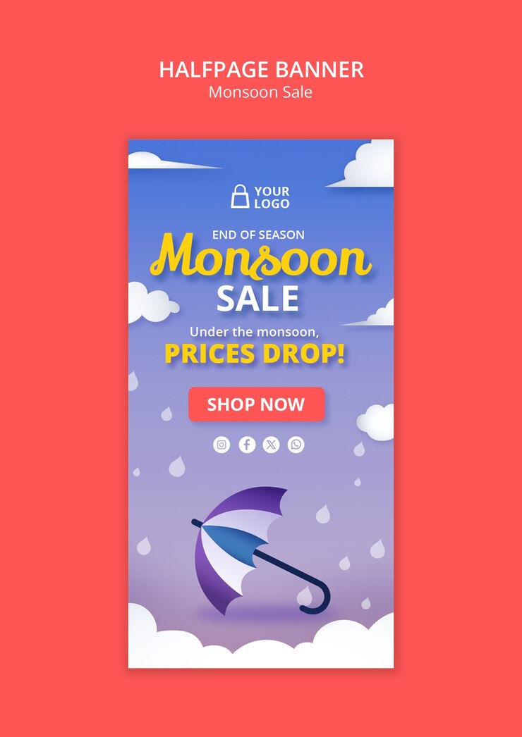 PSD Gratis monsoon sale promotion for end of season with umbrella and raindrops