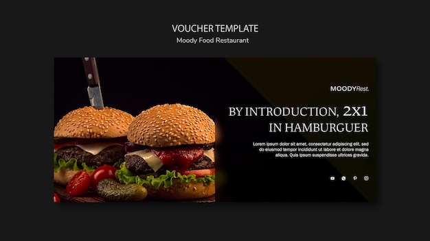 Moody eten restaurant voucher sjabloon met hamburgers