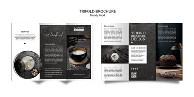Moody food restaurant driebladige brochure concept mock-up