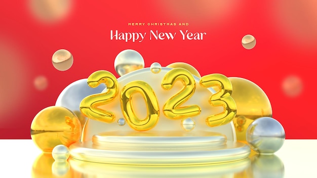 Mooi en realistisch gelukkig nieuwjaar 2023 podiumbannersjabloon met gouden 3d-elementen