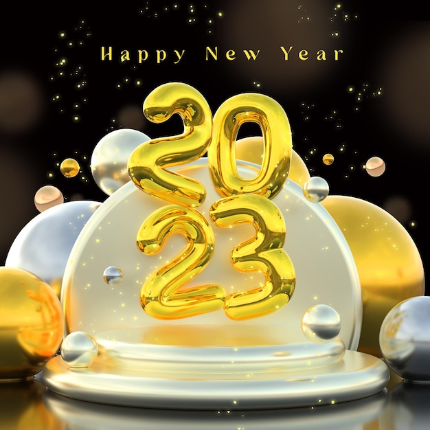 Gratis PSD mooi en realistisch gelukkig nieuwjaar 2023 podiumbannersjabloon met gouden 3d-elementen