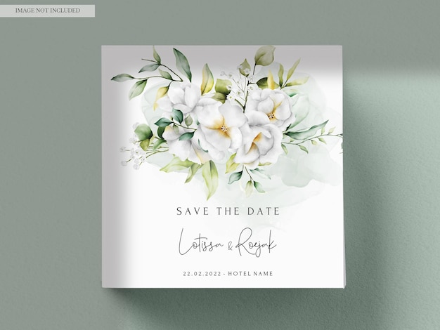 Gratis PSD mooie aquarel bruiloft uitnodigingskaart met groen bladeren en witte bloem