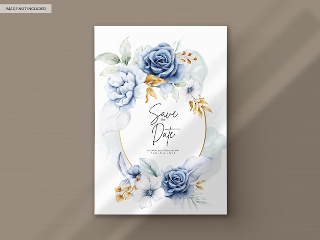 Gratis PSD mooie huwelijksuitnodiging met blauw en goud bloemenornament