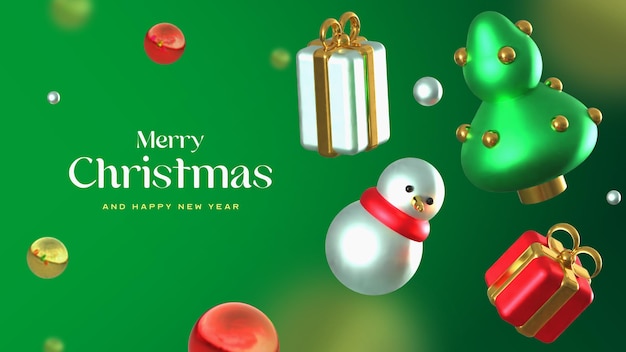 Gratis PSD mooie merry christmas banner-sjabloon met realistische 3d-elementen