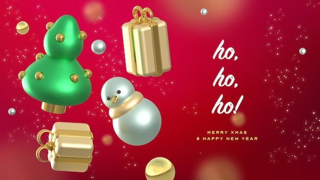 Gratis PSD mooie merry christmas banner-sjabloon met realistische 3d-elementen