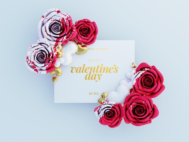 Gratis PSD mooie wenskaart mockup versierd met schattige rozen en liefdesharten bovenaanzicht scène