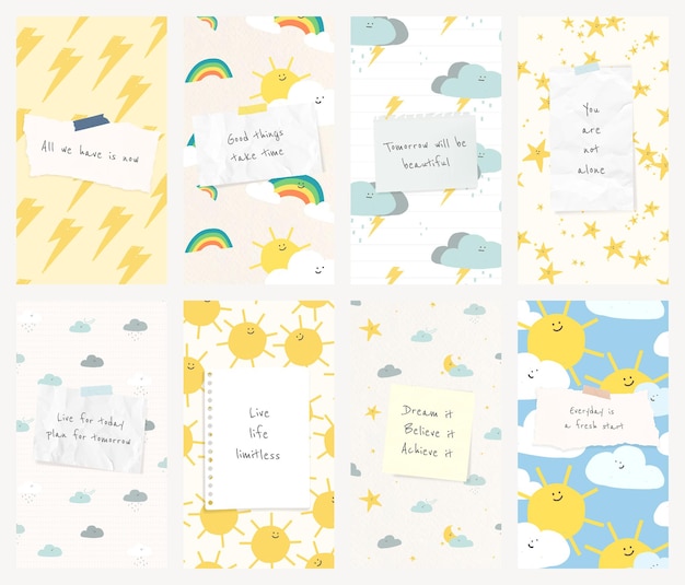 Motiverende citaat sociale sjabloon psd met schattige weer doodle banner set