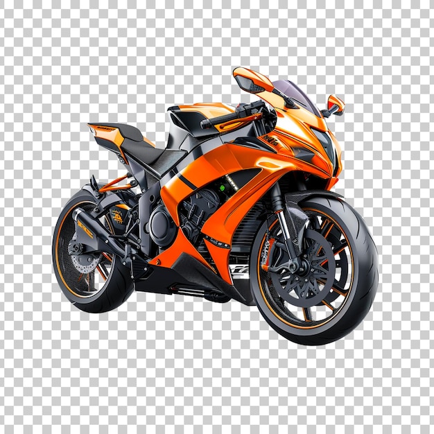 Motocicleta deportiva de color naranja sobre un fondo transparente