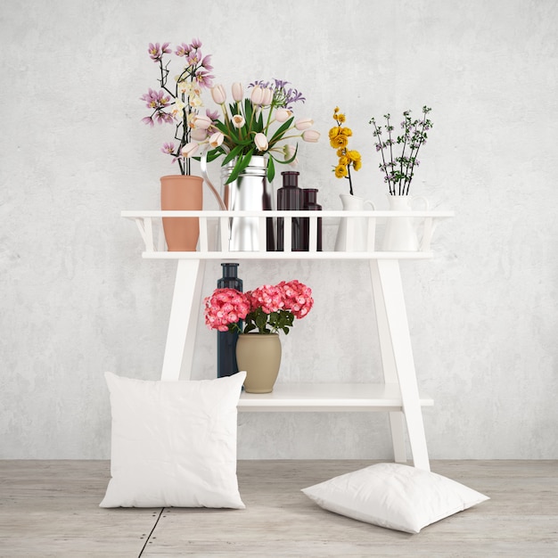 Muebles decorativos blancos con hermosas plantas y maquetas de fundas de almohada