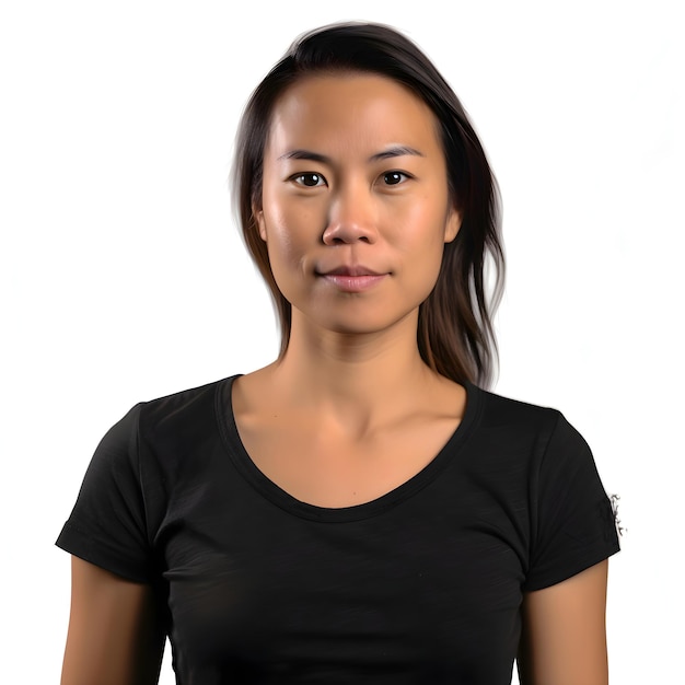 PSD gratuito mujer asiática joven y bonita con una camiseta negra sobre fondo blanco