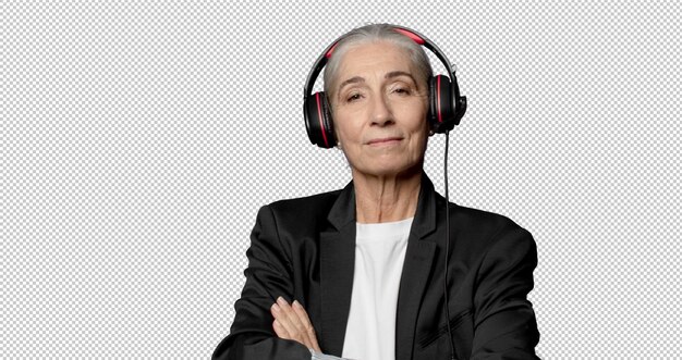una mujer con auriculares con las palabras la palabra en él