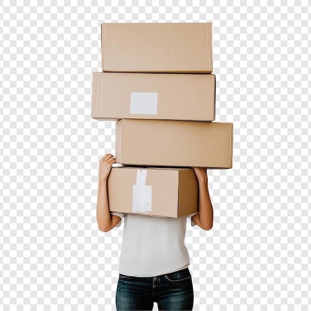 Mujer cargando una pila de cajas de cartón Día de la mudanza