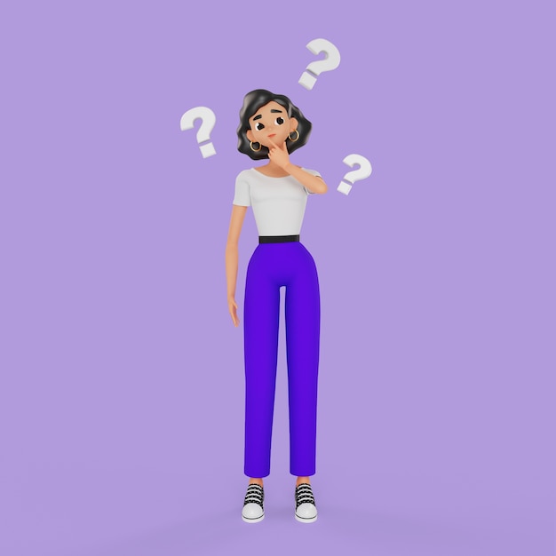 mujer confundida 3d con signos de interrogación