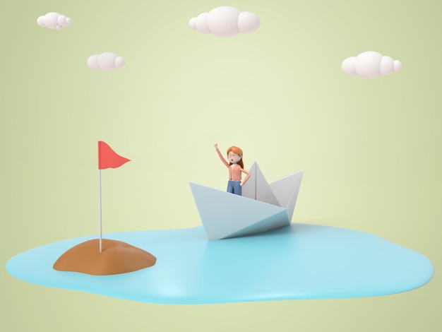 mujer de dibujos animados en 3D de pie en el barco para llegar a destino
