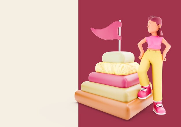 Mujer escalando pirámide con bandera