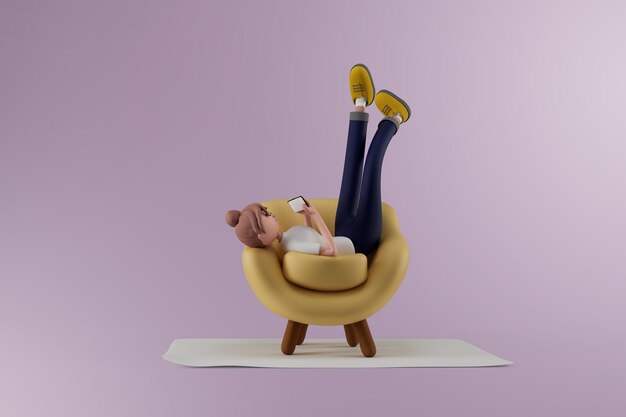 mujer joven, acostado, en, el, silla, utilizar, en, smartphone, en, aislado, plano de fondo, 3d, ilustración, caricatura, caracteres