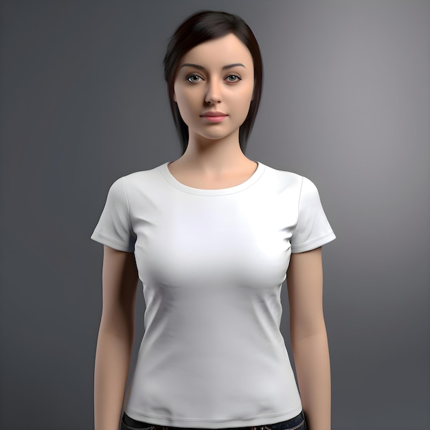 PSD gratuito mujer joven con camiseta blanca en fondo gris renderizado en 3d