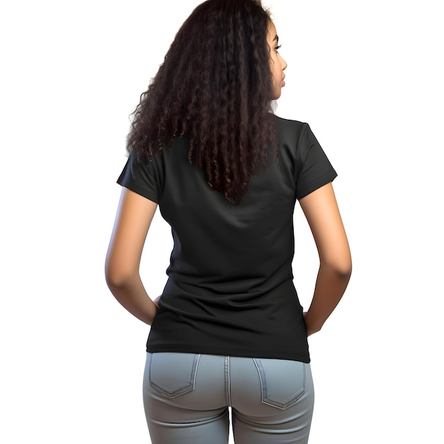 PSD gratuito mujer joven con una camiseta negra en blanco aislada sobre un fondo blanco