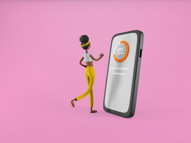 Mujer joven haciendo ejercicio y usando un teléfono inteligente en un fondo aislado Deporte yoga y fitness concepto 3d ilustración Personajes de dibujos animados