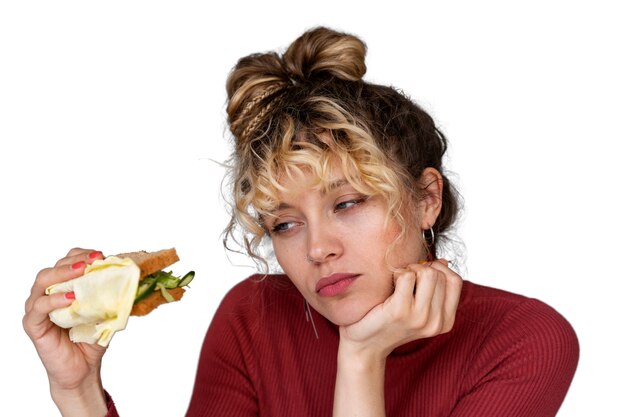 mujer joven, llevando, moño desordenado, peinado