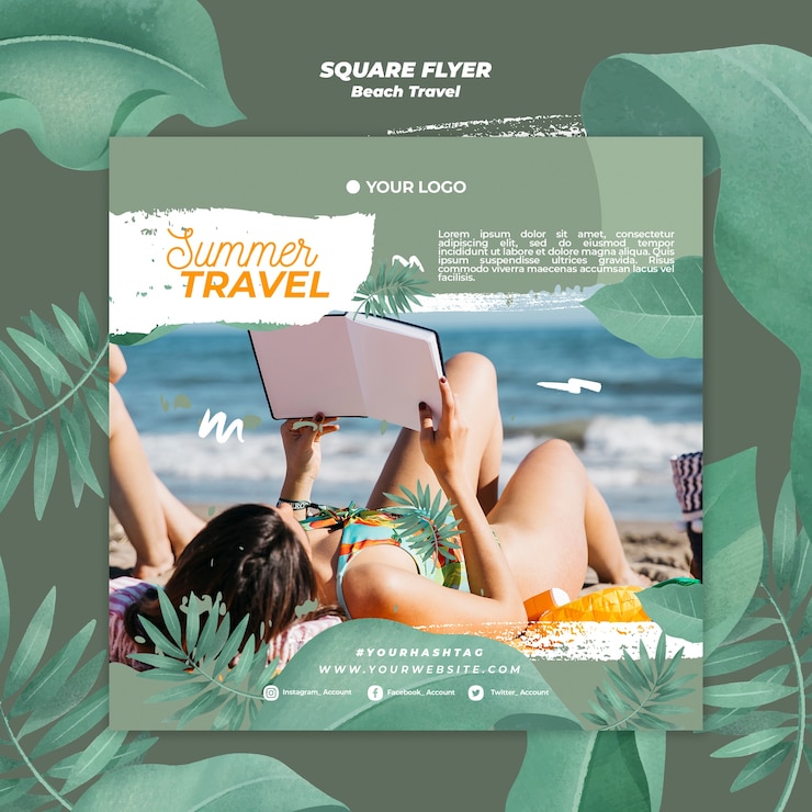 PSD gratuito mujer leyendo flyer cuadrado de viajes de verano
