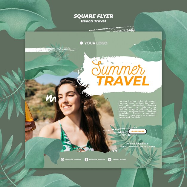 PSD gratuito mujer a la luz del día verano viajes flyer cuadrado