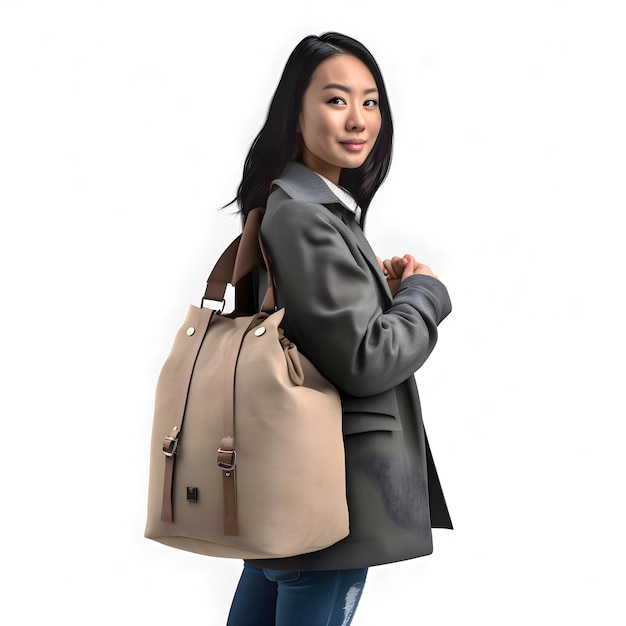 Mujer de negocios asiática con bolsa en fondo blanco renderización 3d