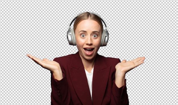 Una mujer de negocios bonita usando auriculares.