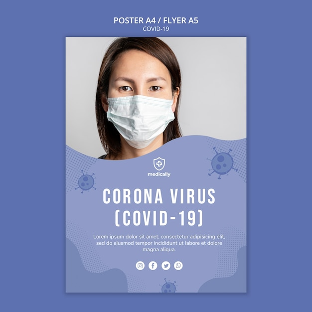 PSD gratuito mujer con plantilla de cartel de coronavirus de máscara