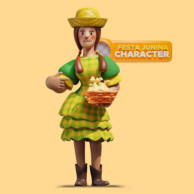 Mujer con ropa folclórica de Brasil con palomitas de maíz 3d ilustración