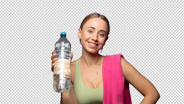 Una mujer rubia y bonita con una botella de agua.