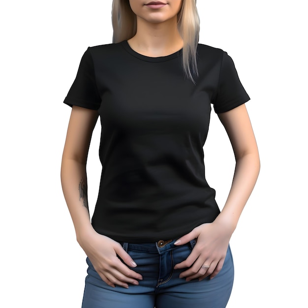 Mujer rubia con una camiseta negra en blanco aislada sobre un fondo blanco