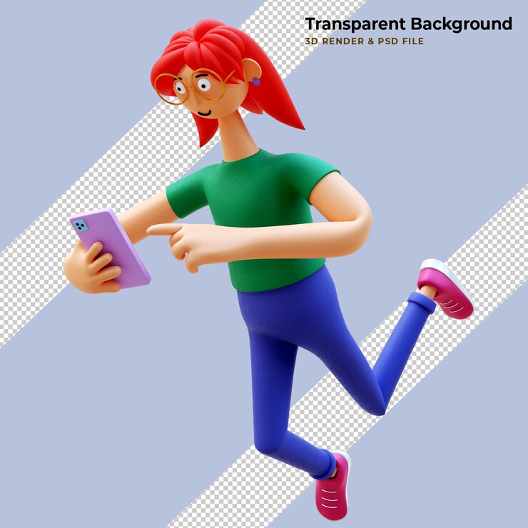 PSD gratuito mujer sonriendo a su teléfono. personaje femenino sosteniendo un teléfono como apareciendo en la pantalla del móvil. ilustración 3d de maqueta