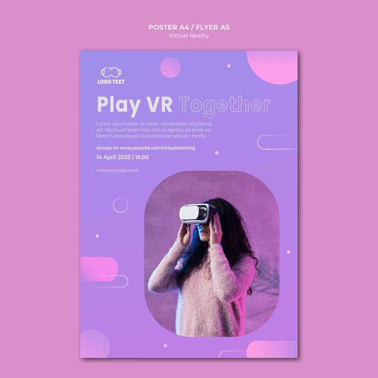 PSD gratuito mujer usando una plantilla de póster de casco de realidad virtual