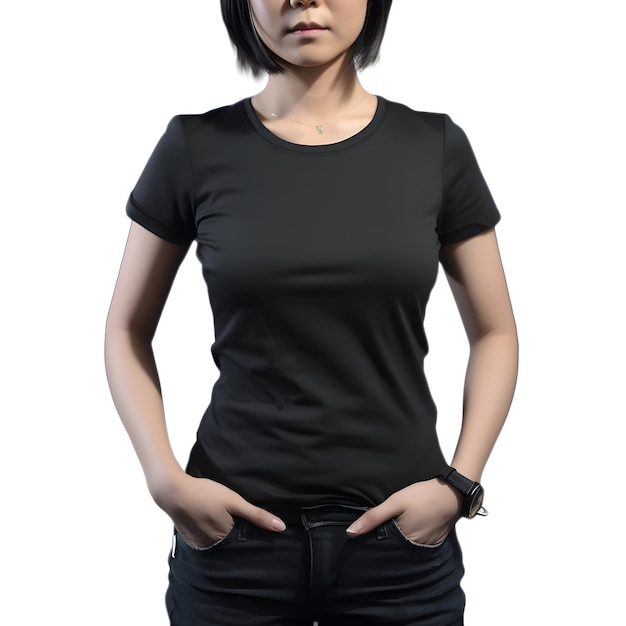 PSD gratuito mujeres con camiseta negra en blanco aisladas sobre un fondo blanco con camino de recorte