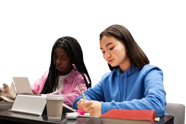 Mujeres de tiro medio estudiando