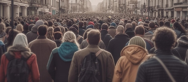 Multitud de personas protestando juntas caminando por la ciudad ia generativa