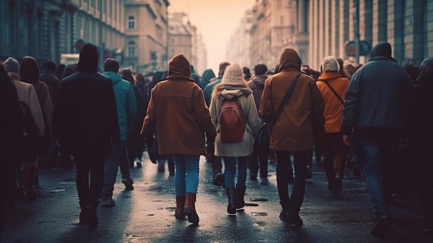 Multitud de personas protestando juntas caminando por la ciudad ia generativa