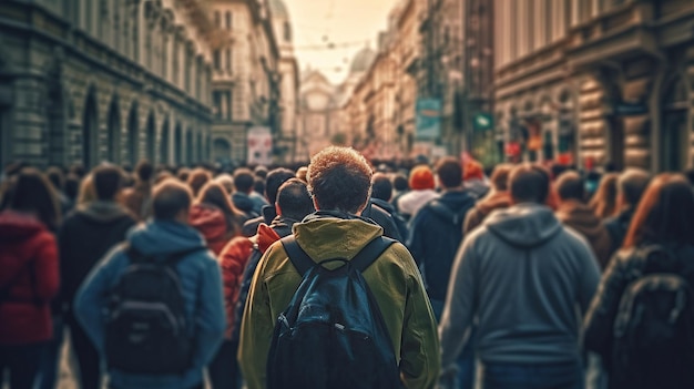 Multitud de personas protestando juntas caminando por la ciudad ia generativa