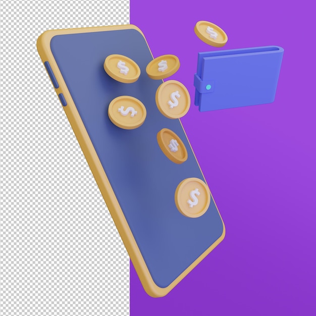 Munt op smartphone Online winkel 3D illustratie