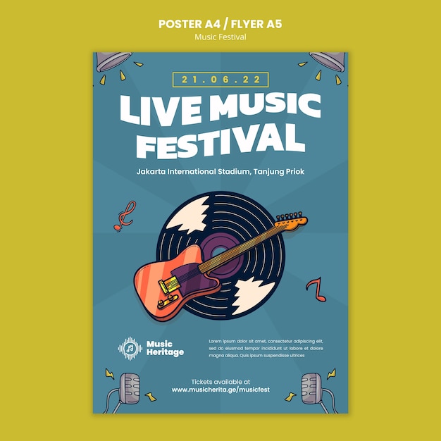 Gratis PSD muziekfestival verticale postersjabloon met handgetekende vinylplaat en gitaar